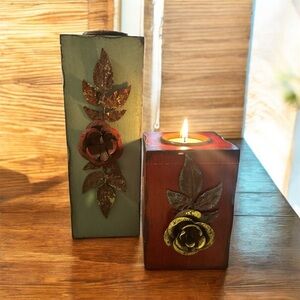 🥀Bundle of 2 Bohemian Wood & Antiqued Iron Rose Tea Light Candle Holders